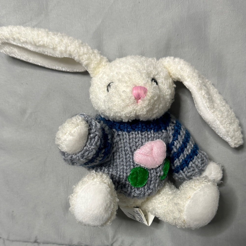 CHRISHA Vintage (1988) Plush jointed leg White Bunny with Gray Knit Sweater